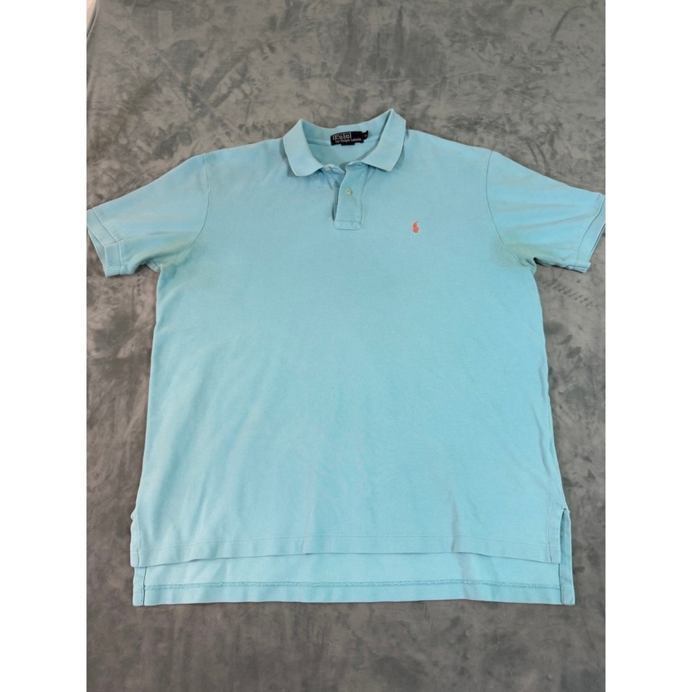 Polo Ralph Lauren Mens XL Light Blue Pique Short Sleeve Polo Shirt Orange Pony